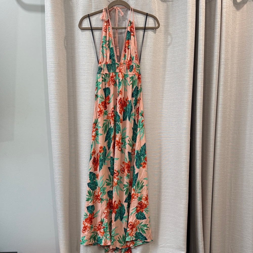 Forever 21 Floral Halter Maxi Dress - Peach/ Orange and Green size medium
